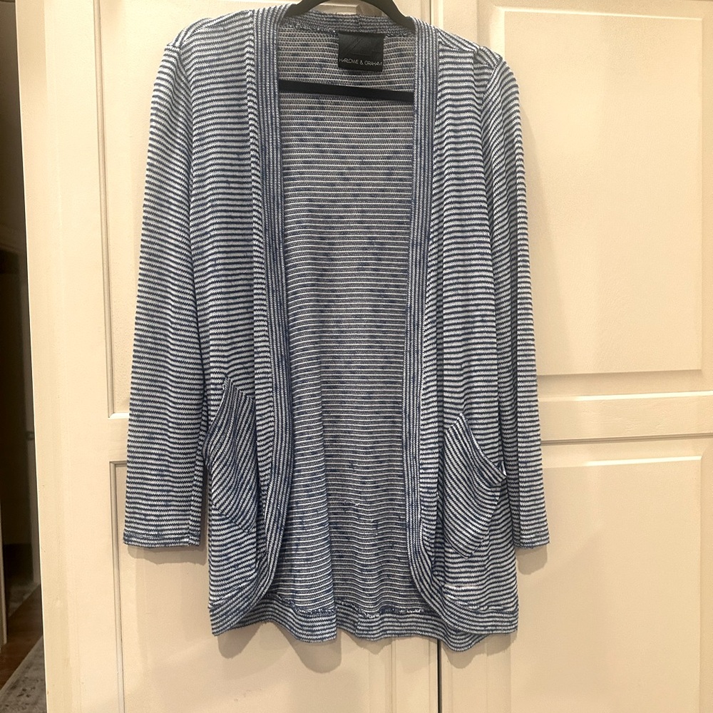 Lightweight blue & while striped cardigan, long sleeves with pockets.